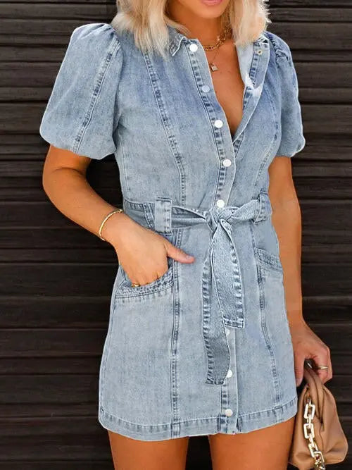 Button Puff Sleeve Dress