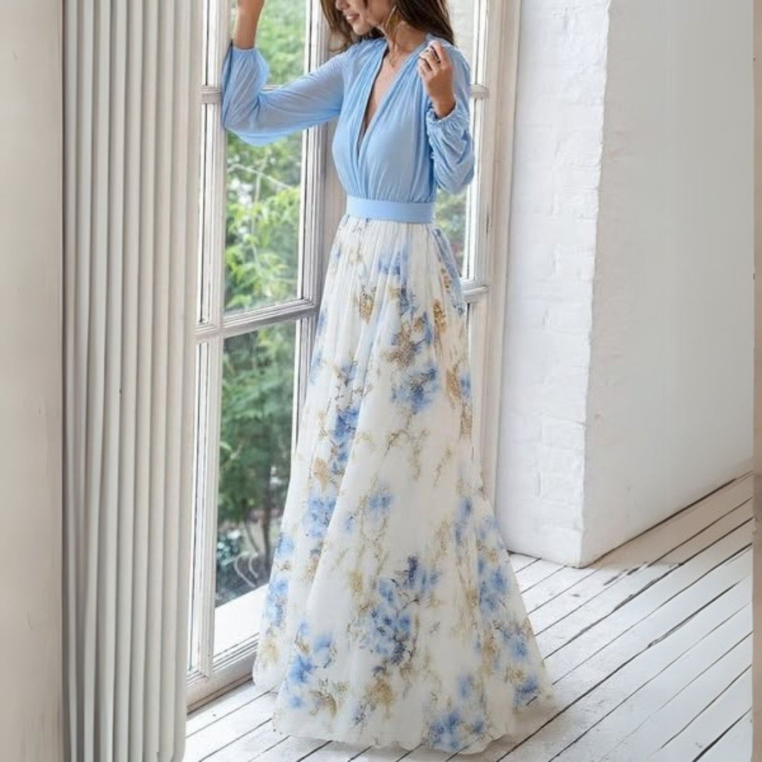 Floral Maxi Dress with V-Neck and Short Sleeves for Women