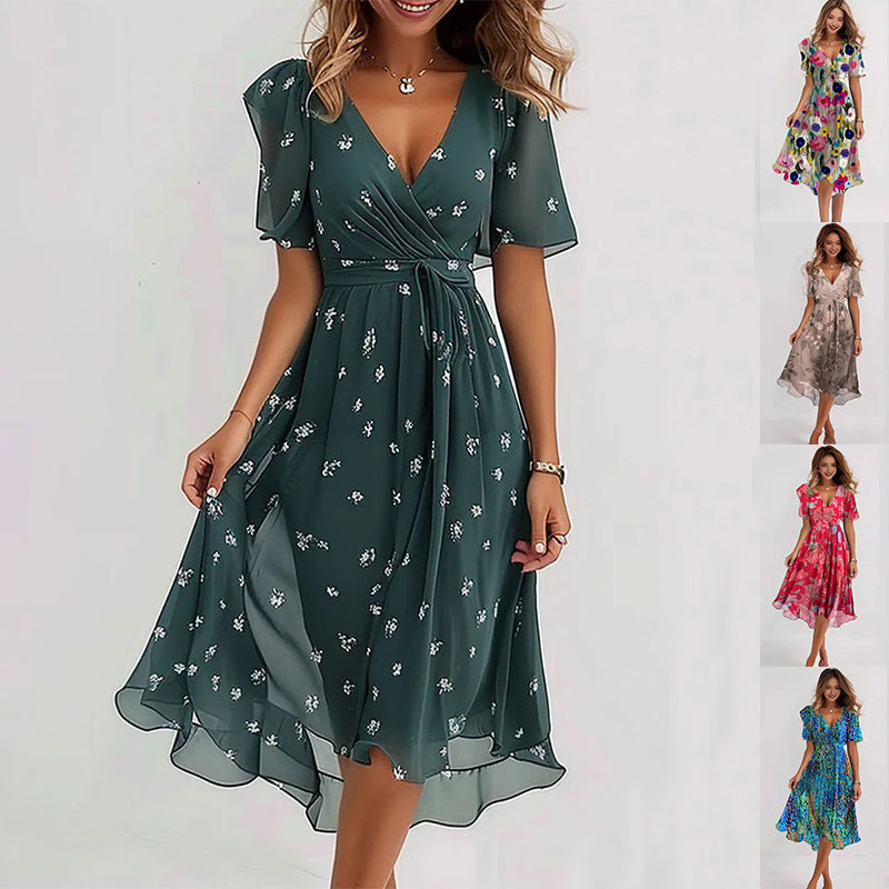 Floral Midi Dress with V-Neck and Short Sleeves
