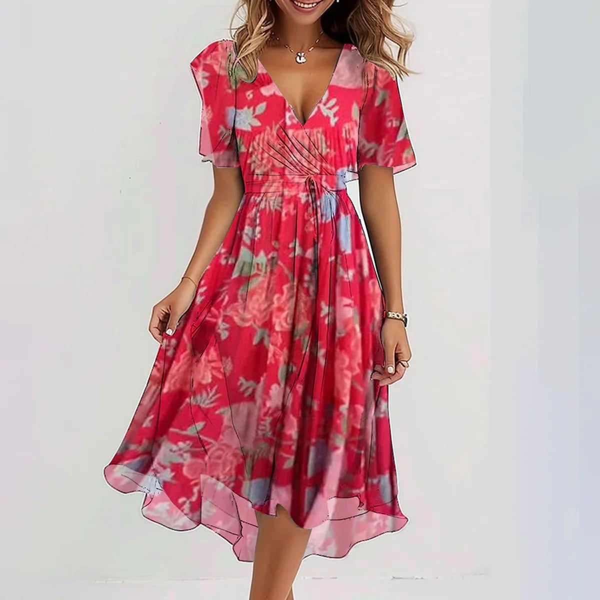 Floral Midi Dress with V-Neck and Short Sleeves