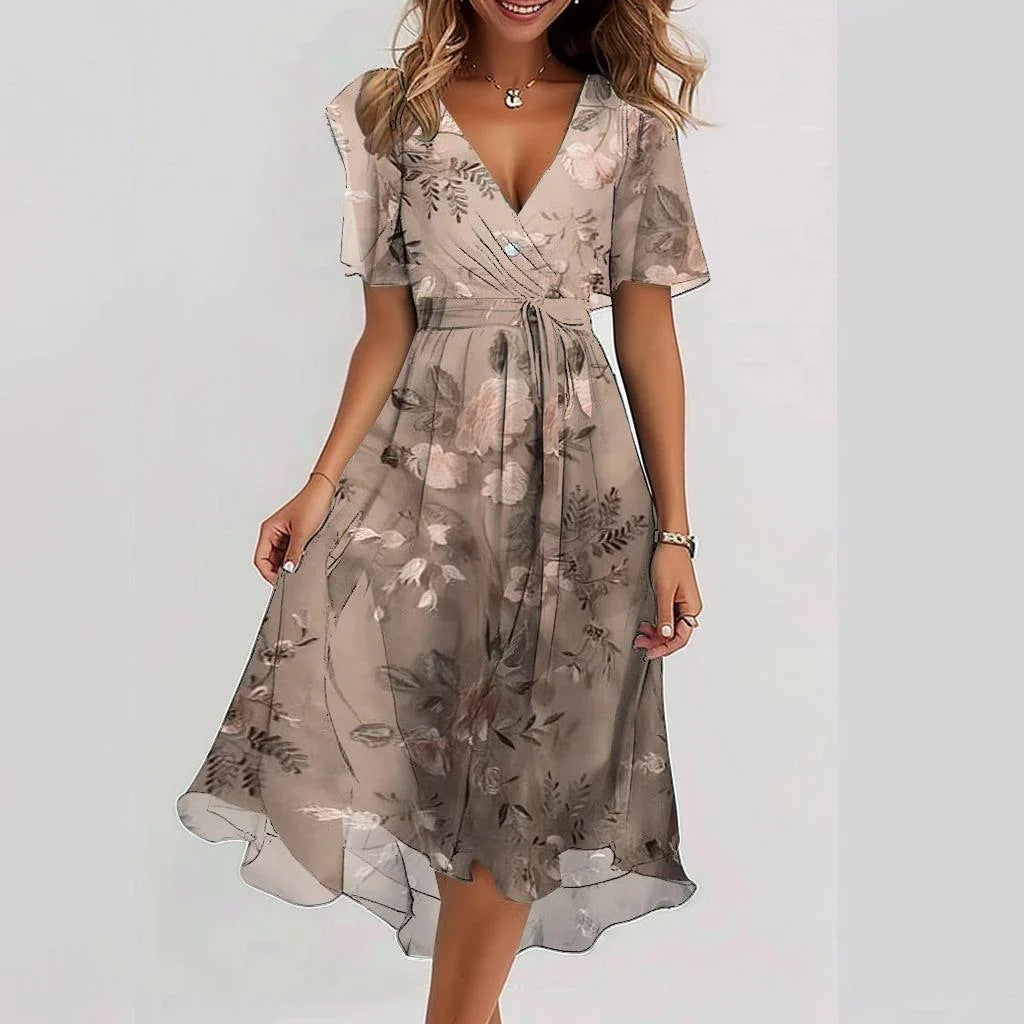 Floral Midi Dress with V-Neck and Short Sleeves