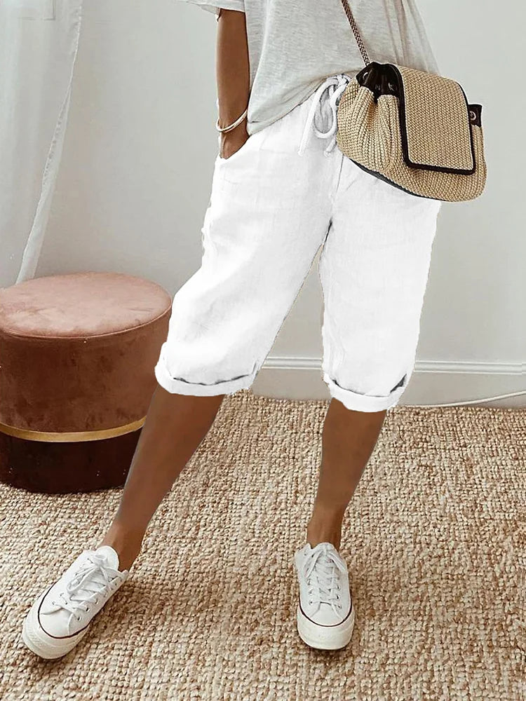 Unisex Linen Shorts Lightweight Casual Drawstring Summer Bottoms