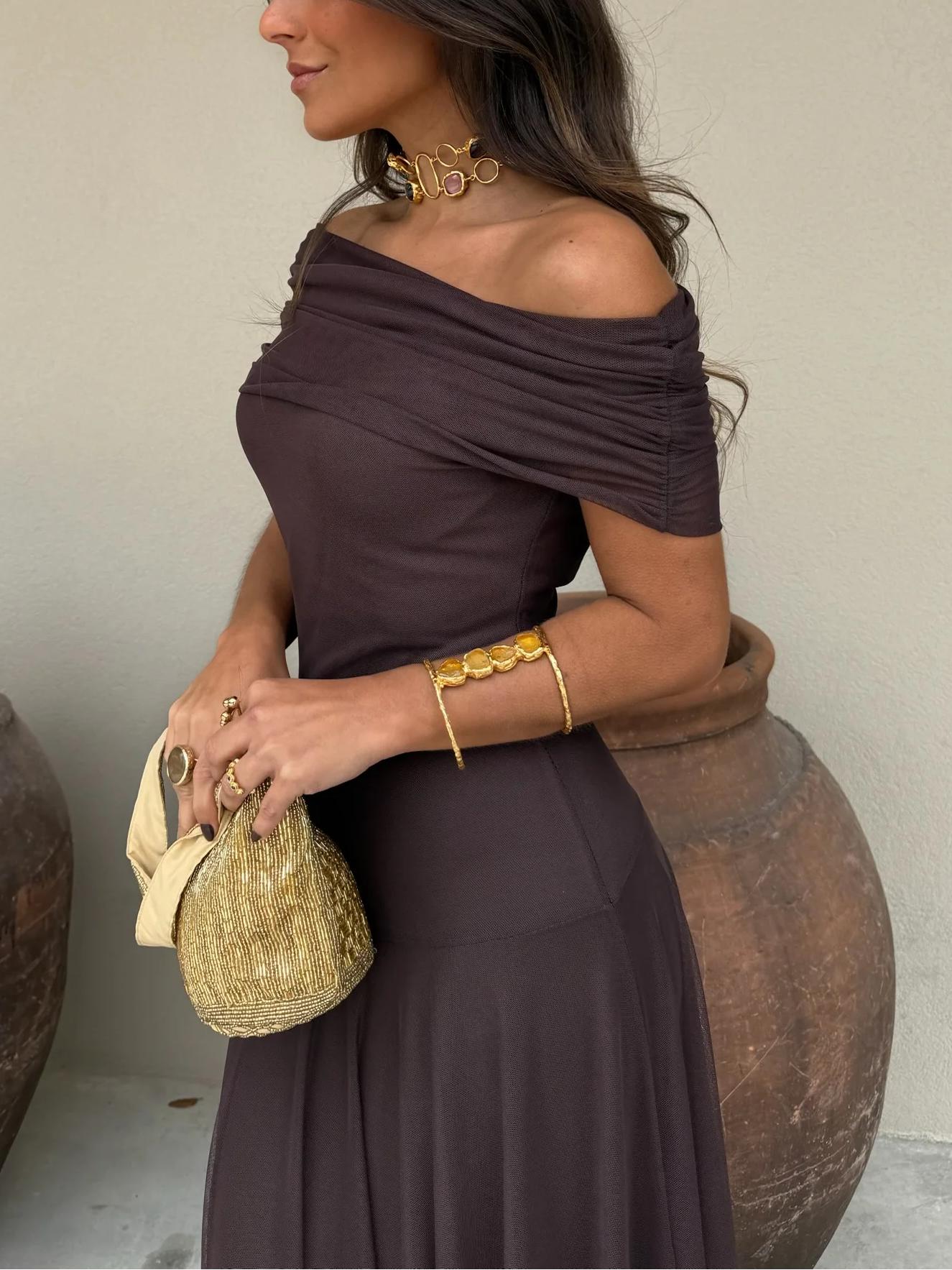 Women's Casual V-Neck Dress with Short Sleeves and Flared Skirt