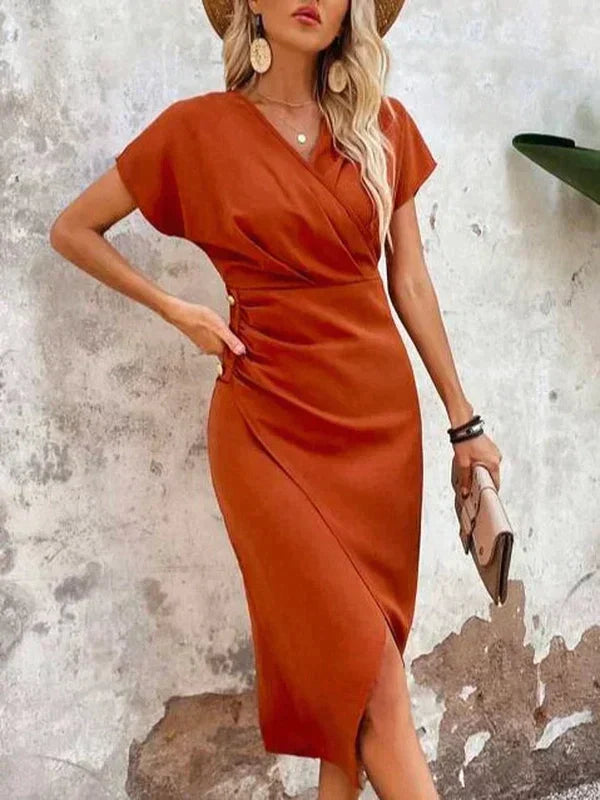 Women's Cross-Over Midi Dress with V-Neck and Short Sleeves
