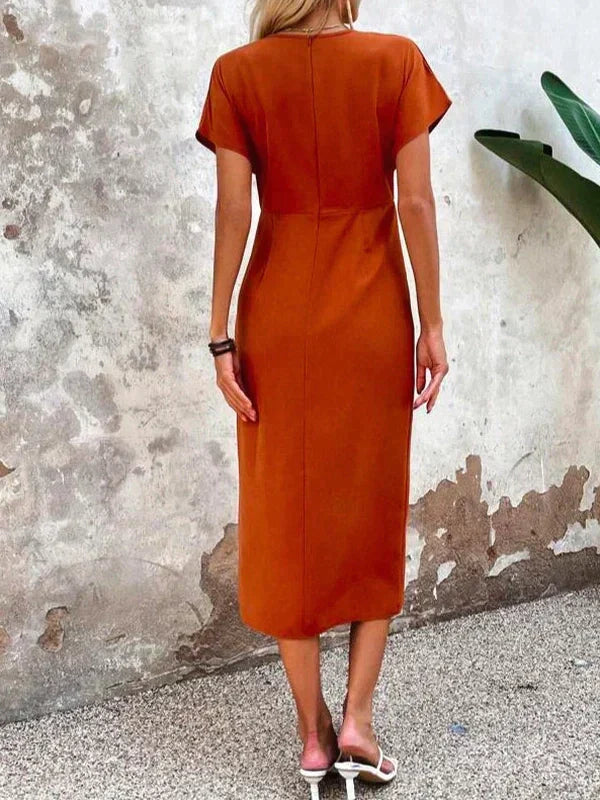 Women's Cross-Over Midi Dress with V-Neck and Short Sleeves