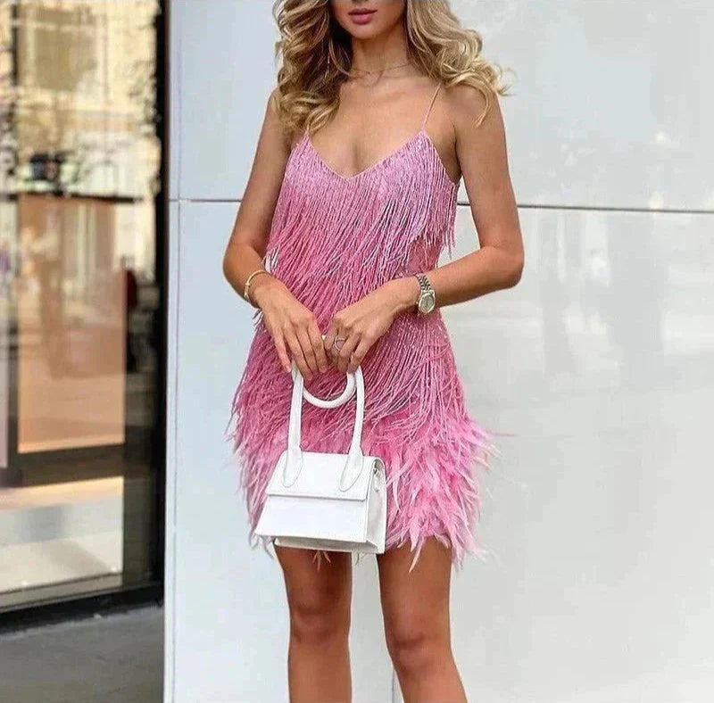Women's Feather Mini Dress Short Partywear Evening Dress