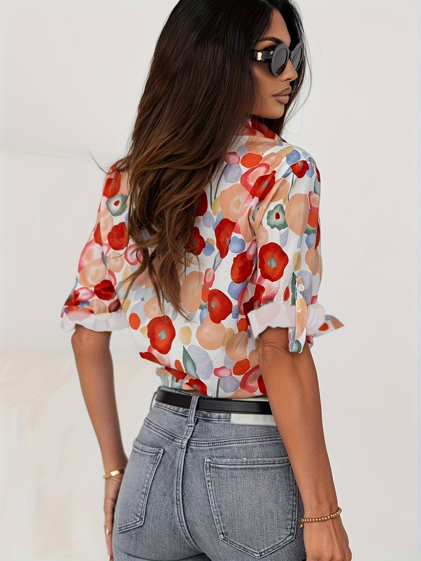 Women's Floral Long Sleeve Blouse with Ruffle Detail