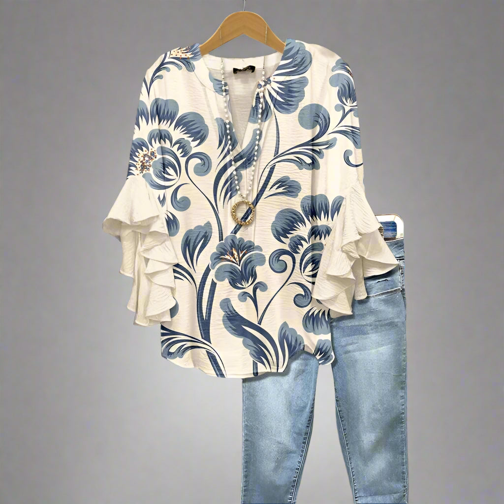 Women's Floral Long Sleeve V-Neck Blouse Top