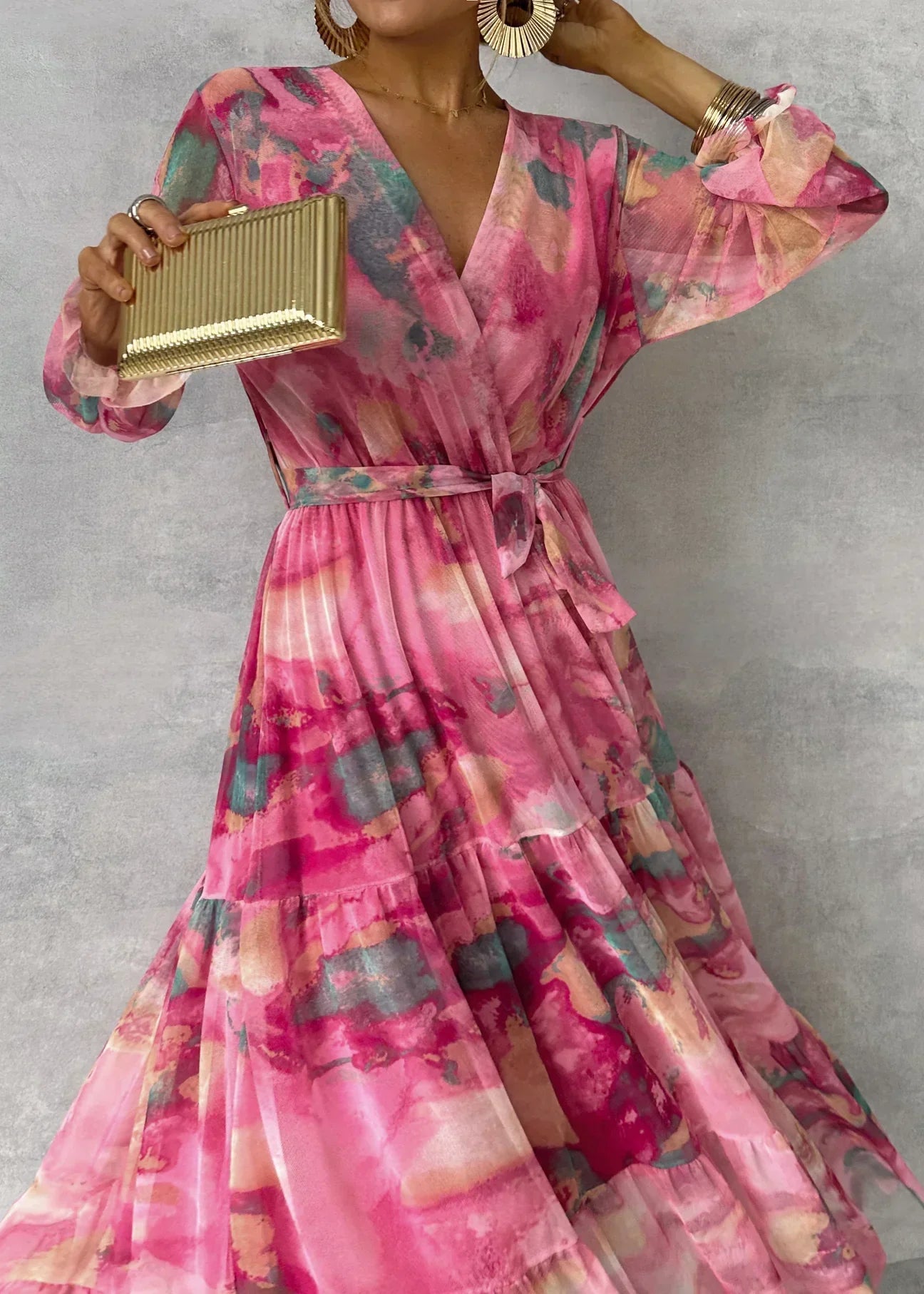 Women’s Floral Wrap Maxi Dress with Long Sleeves