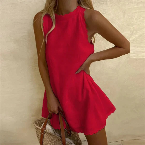 Women's Linen Knee-Length Dress with O-Neck and Relaxed Fit