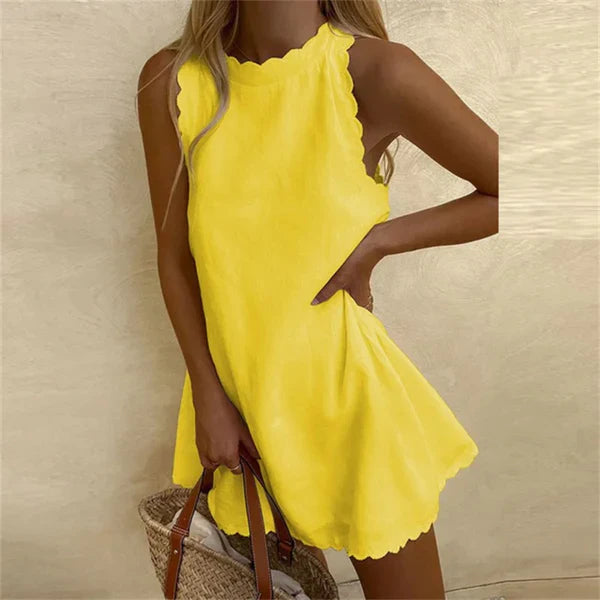 Women's Linen Knee-Length Dress with O-Neck and Relaxed Fit