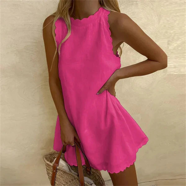 Women's Linen Knee-Length Dress with O-Neck and Relaxed Fit