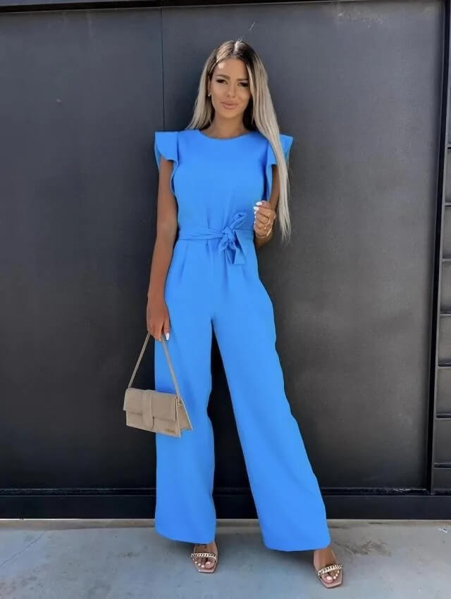 Women's Long Sleeve Wide-Leg Jumpsuit with Belted Waist
