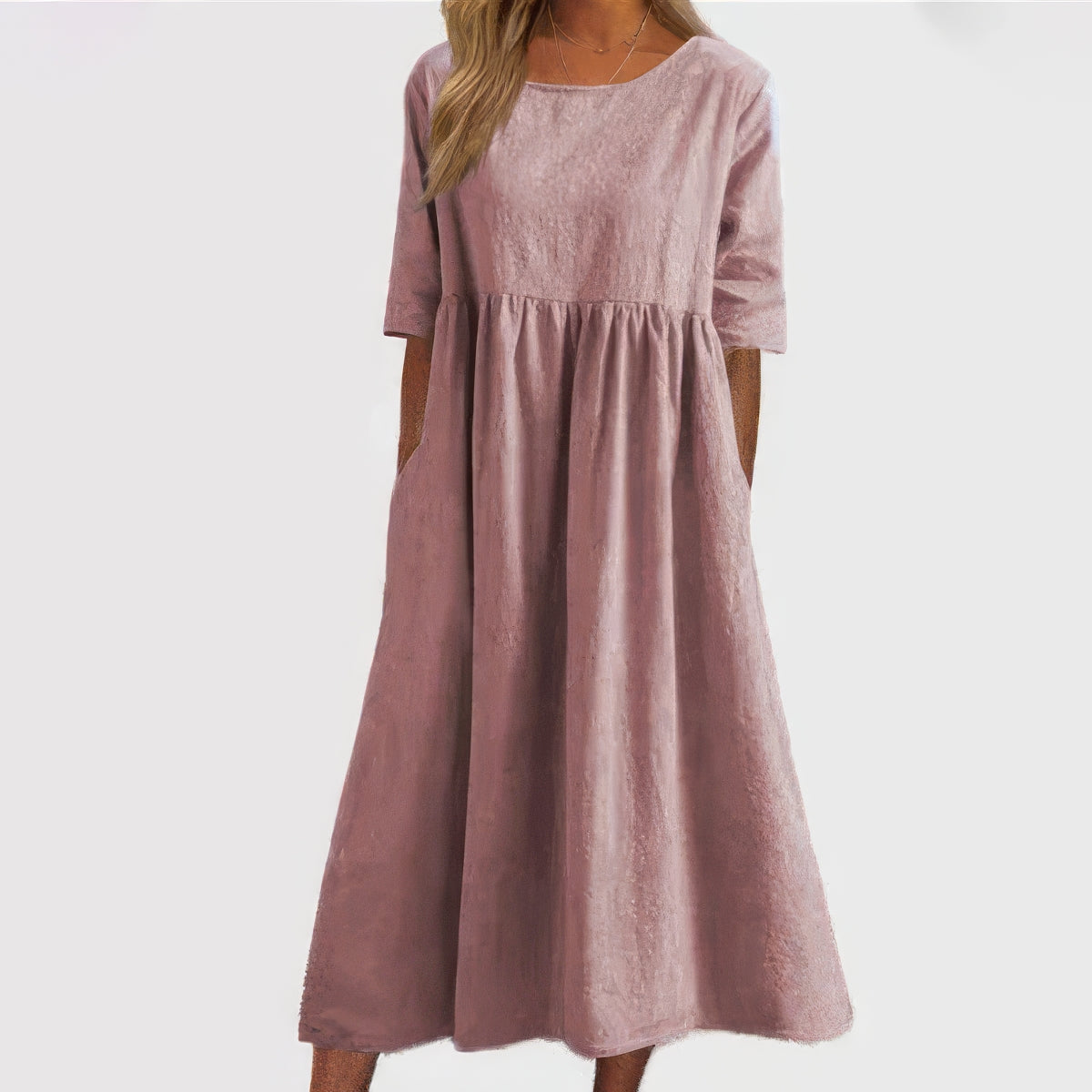 Women's Midi Cotton Dress with Pockets Casual Short Sleeve Outfit