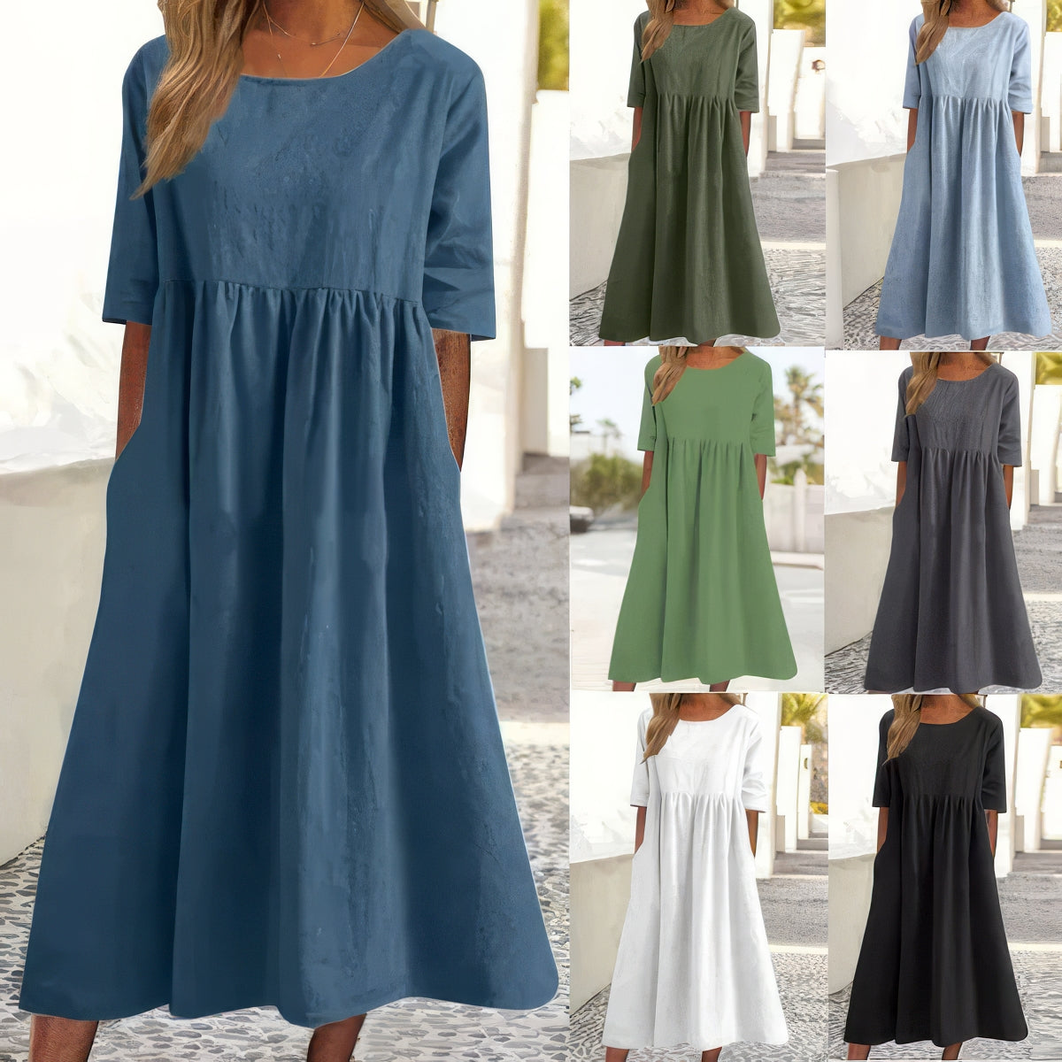 Women's Midi Cotton Dress with Pockets Casual Short Sleeve Outfit