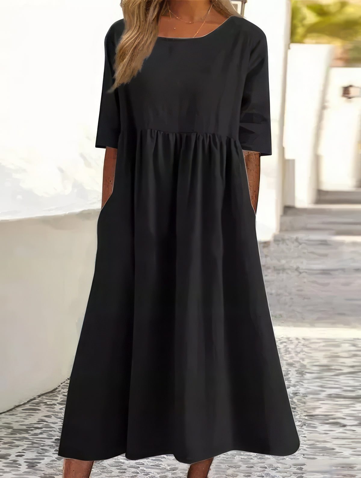 Women's Midi Cotton Dress with Pockets Casual Short Sleeve Outfit