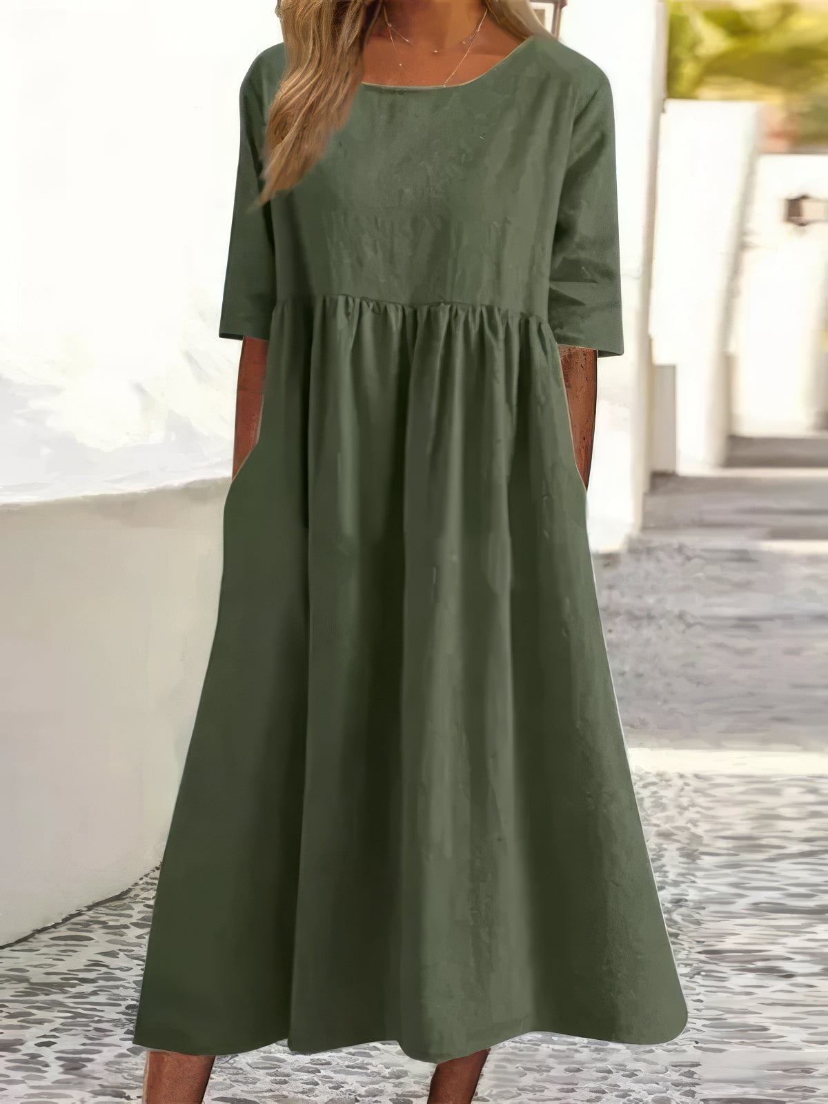 Women's Midi Cotton Dress with Pockets Casual Short Sleeve Outfit