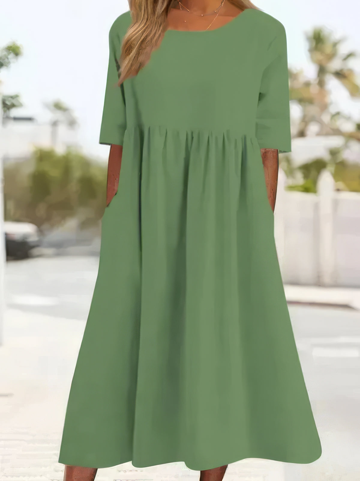 Women's Midi Cotton Dress with Pockets Casual Short Sleeve Outfit