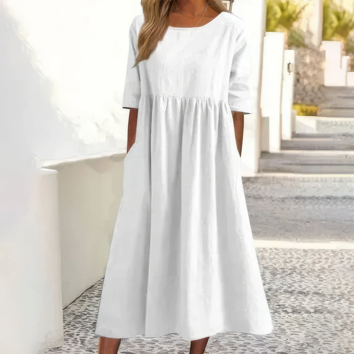 Women's Midi Cotton Dress with Pockets Casual Short Sleeve Outfit