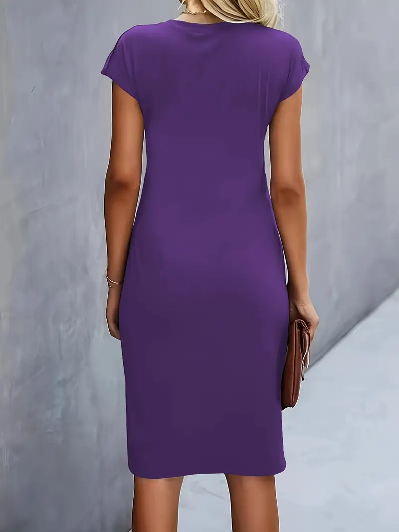 Women's Midi Dress with Round Neck and Short Sleeves for Workwear