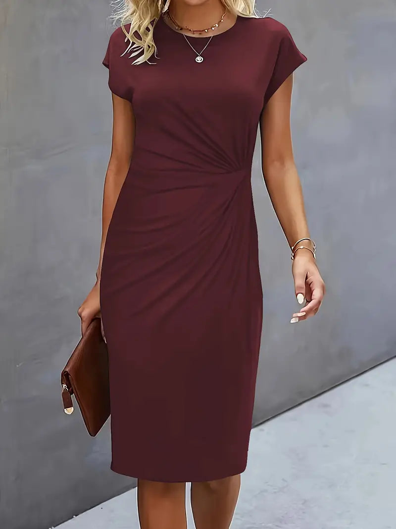 Women's Midi Dress with Round Neck and Short Sleeves for Workwear
