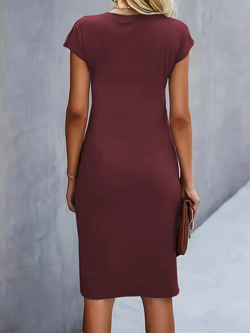 Women's Midi Dress with Round Neck and Short Sleeves for Workwear