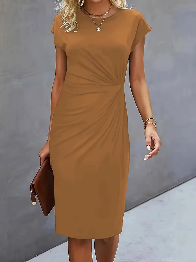 Women's Midi Dress with Round Neck and Short Sleeves for Workwear