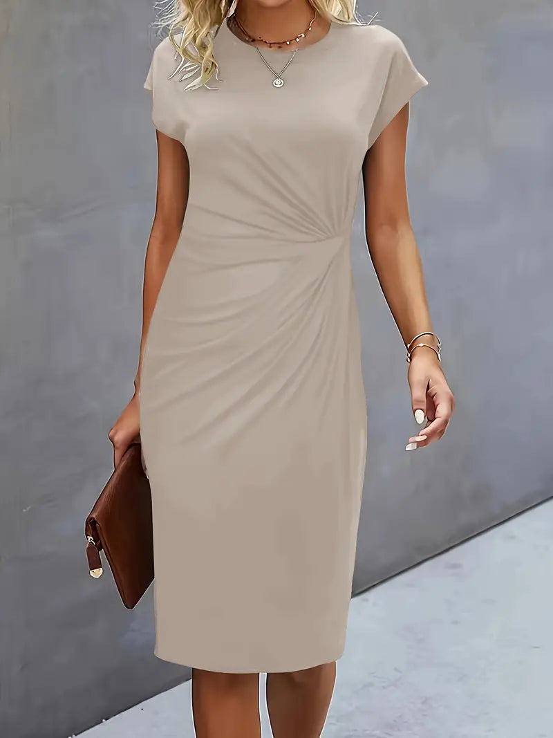 Women's Midi Dress with Round Neck and Short Sleeves for Workwear