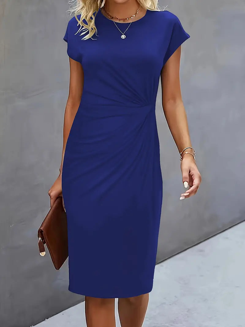Women's Midi Dress with Round Neck and Short Sleeves for Workwear