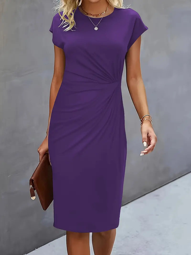 Women's Midi Dress with Round Neck and Short Sleeves for Workwear