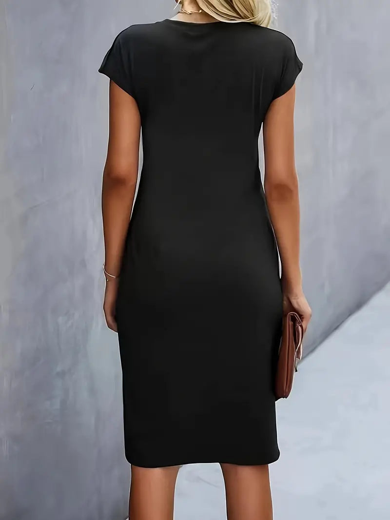Women's Midi Dress with Round Neck and Short Sleeves for Workwear