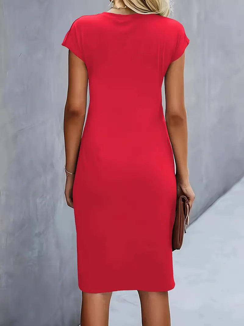 Women's Midi Dress with Round Neck and Short Sleeves for Workwear