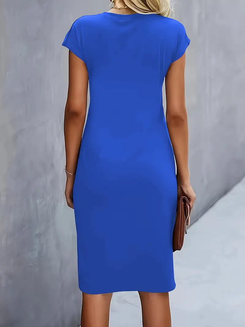 Women's Midi Dress with Round Neck and Short Sleeves for Workwear
