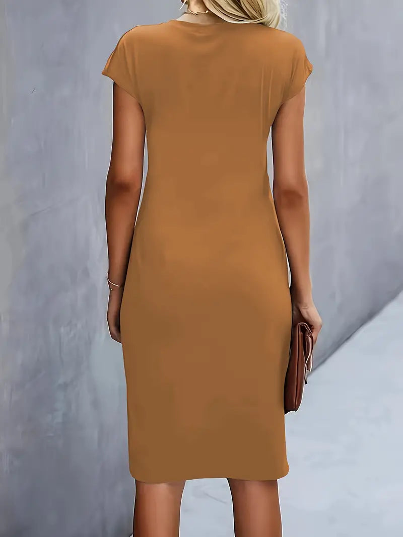 Women's Midi Dress with Round Neck and Short Sleeves for Workwear