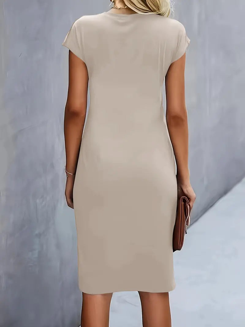 Women's Midi Dress with Round Neck and Short Sleeves for Workwear