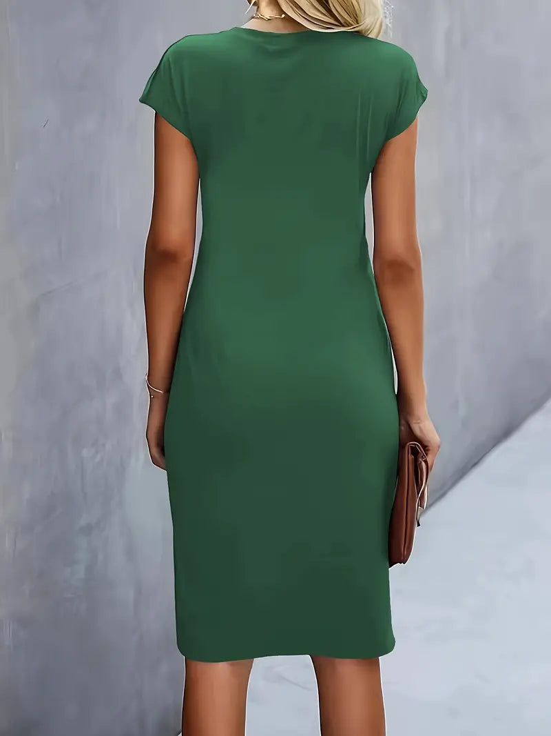 Women's Midi Dress with Round Neck and Short Sleeves for Workwear