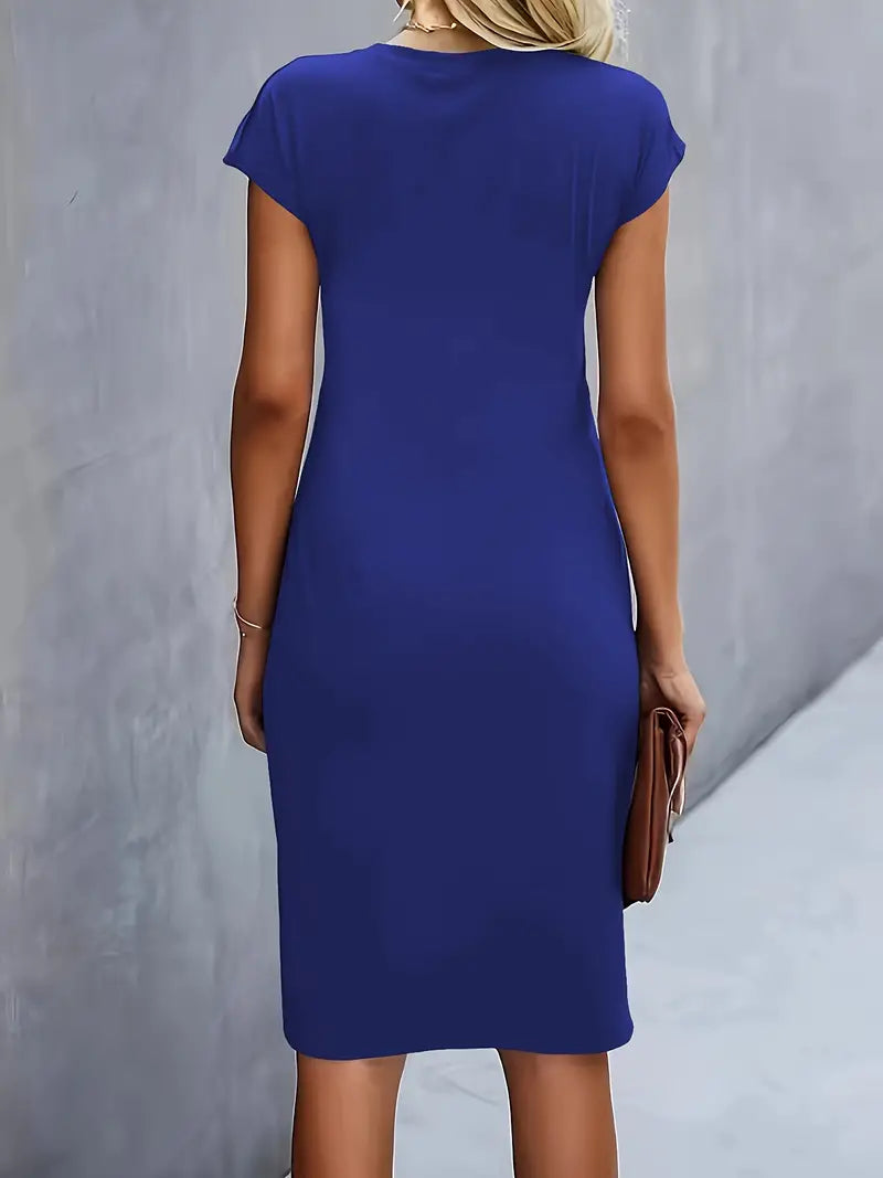 Women's Midi Dress with Round Neck and Short Sleeves for Workwear