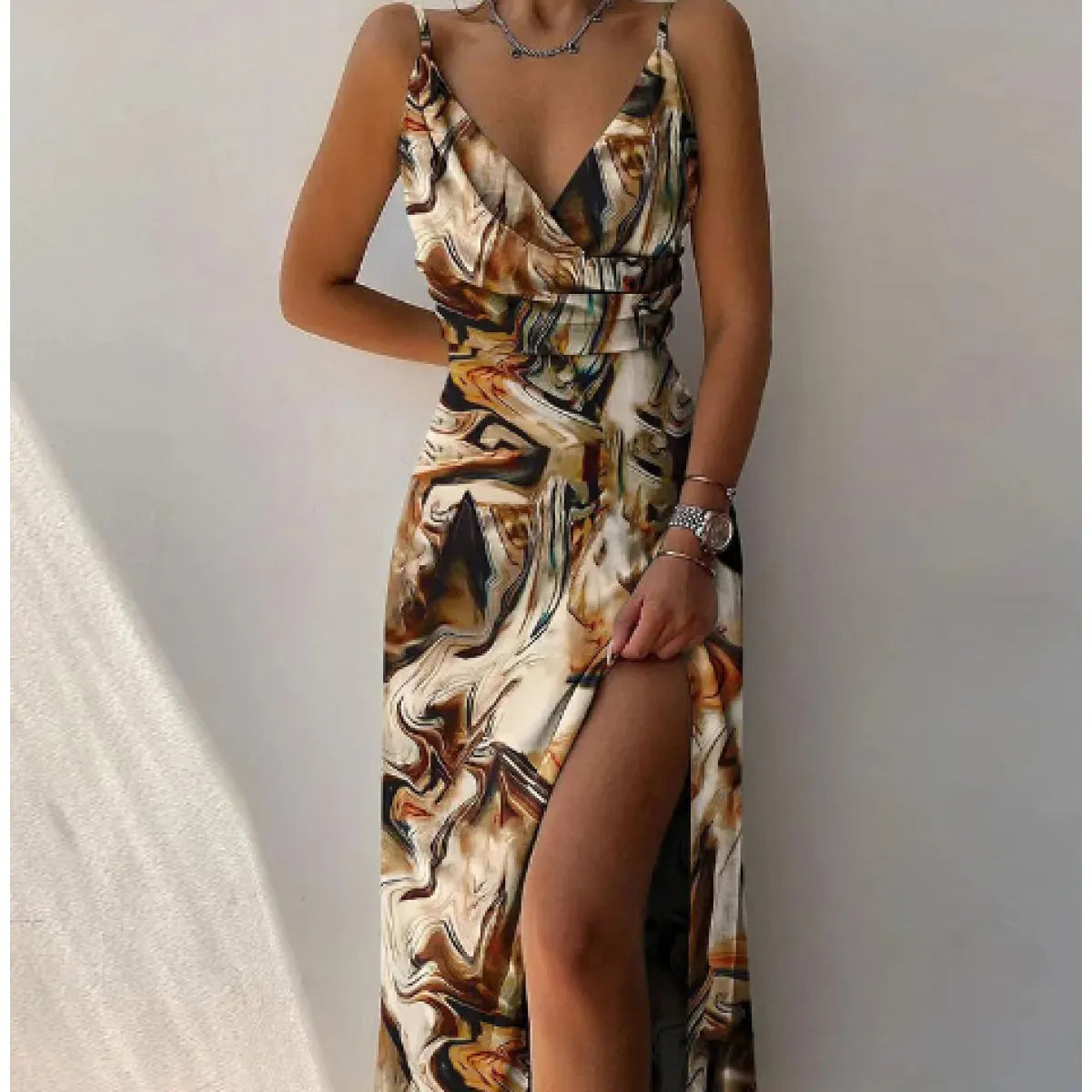 Women’s Midi Dress with V-Neck and Side Slit