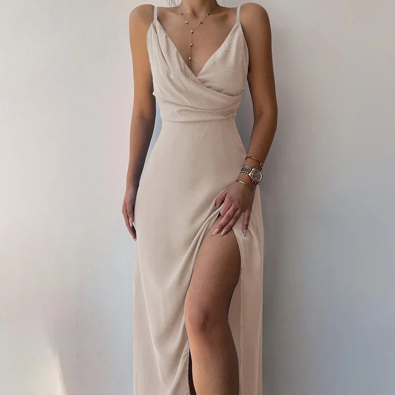 Women’s Midi Dress with V-Neck and Side Slit