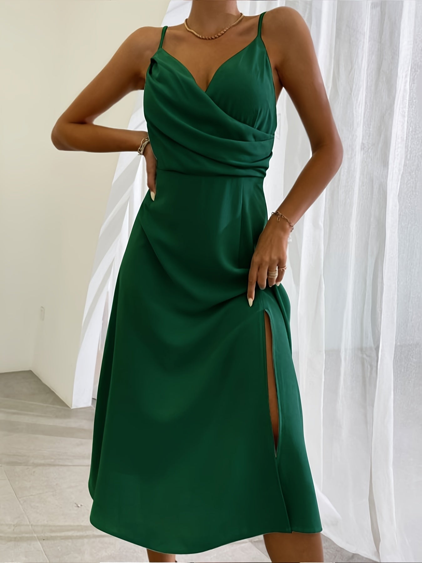 Women’s Midi Dress with V-Neck and Side Slit
