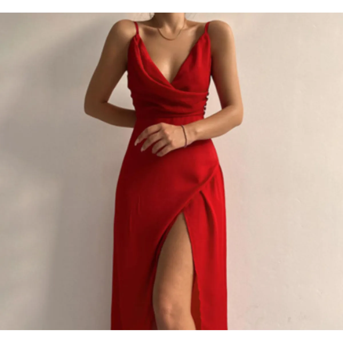 Women’s Midi Dress with V-Neck and Side Slit