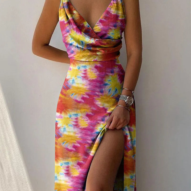 Women’s Midi Dress with V-Neck and Side Slit