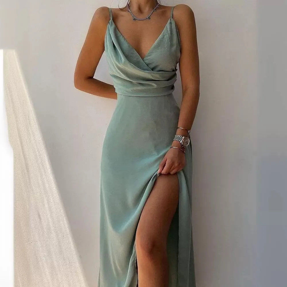 Women’s Midi Dress with V-Neck and Side Slit