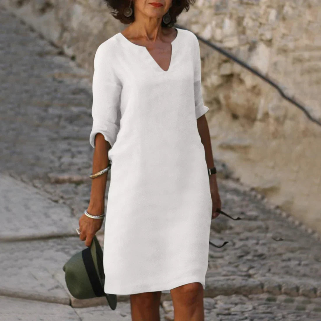 Women’s Mini Dress with V-Neck and 3/4 Sleeves White 11