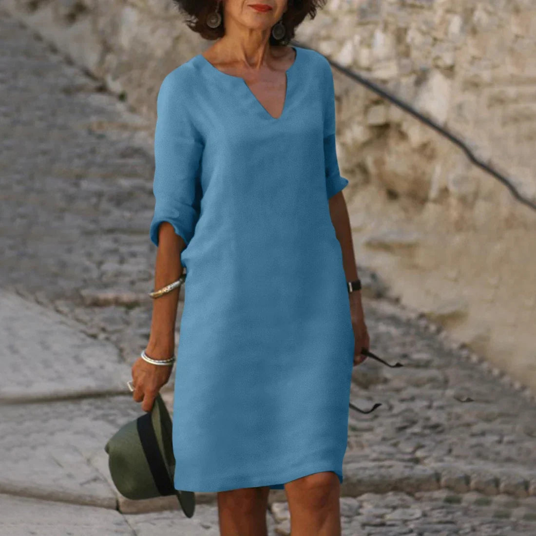Women’s Mini Dress with V-Neck and 3/4 Sleeves Blue 14