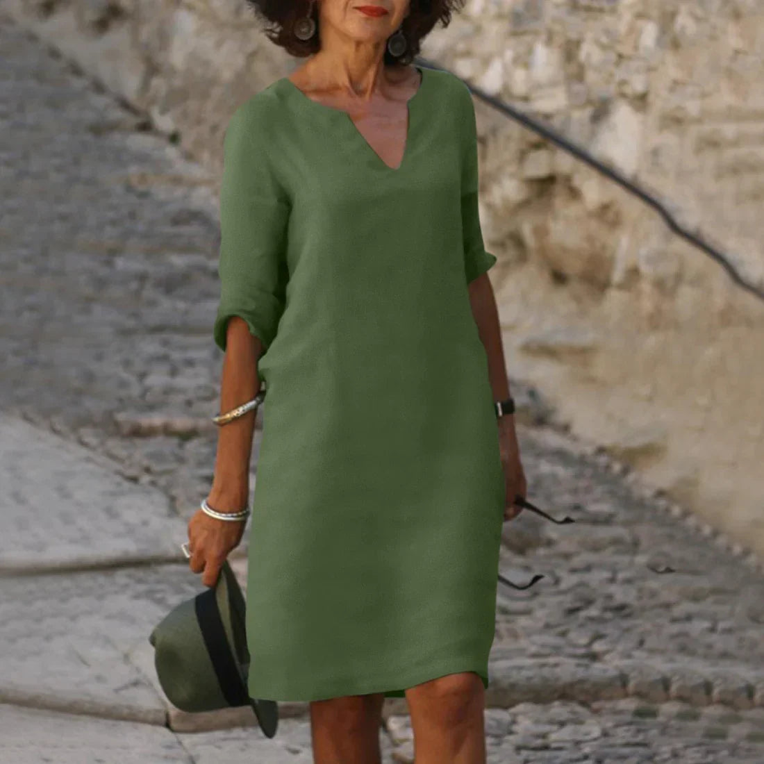 Women’s Mini Dress with V-Neck and 3/4 Sleeves Dark Green 6