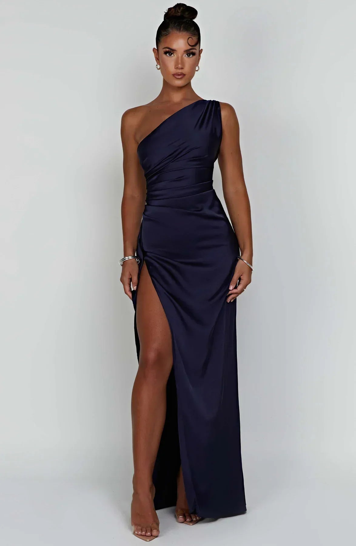 Women's Satin V-Neck Evening Dress with Sleeveless Design