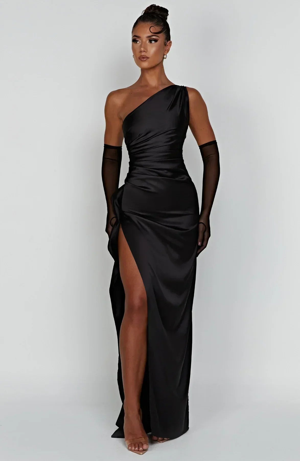 Women's Satin V-Neck Evening Dress with Sleeveless Design