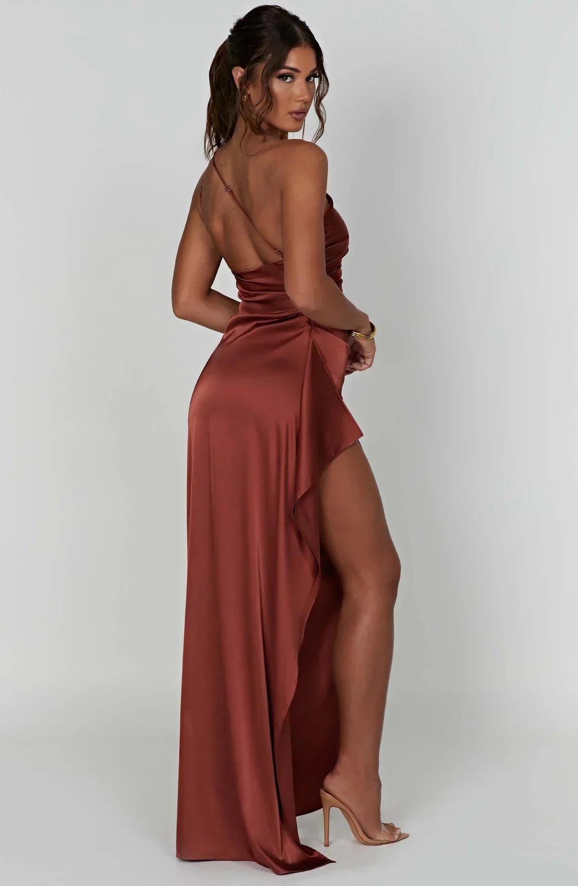 Women's Satin V-Neck Evening Dress with Sleeveless Design