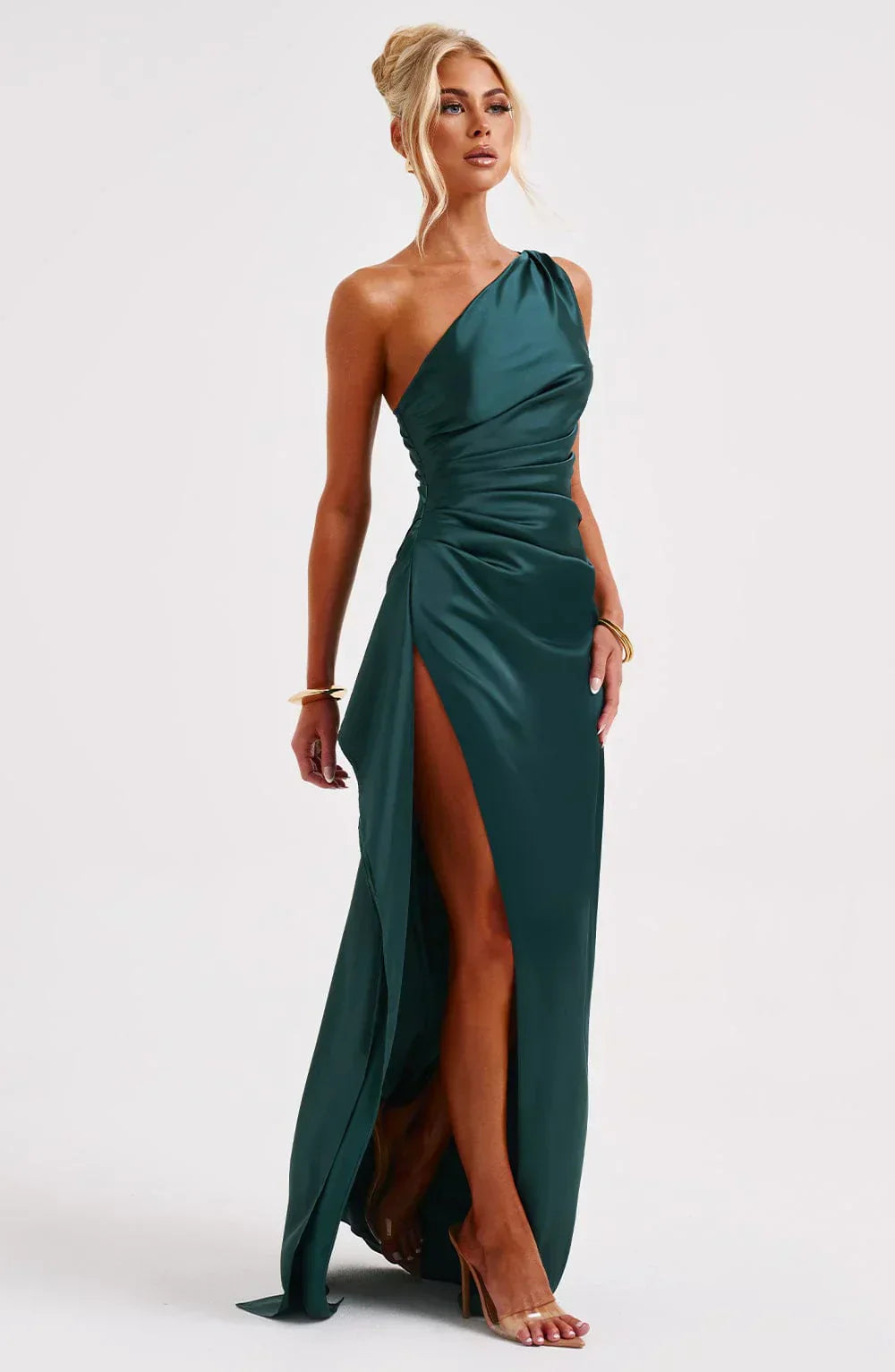 Women's Satin V-Neck Evening Dress with Sleeveless Design